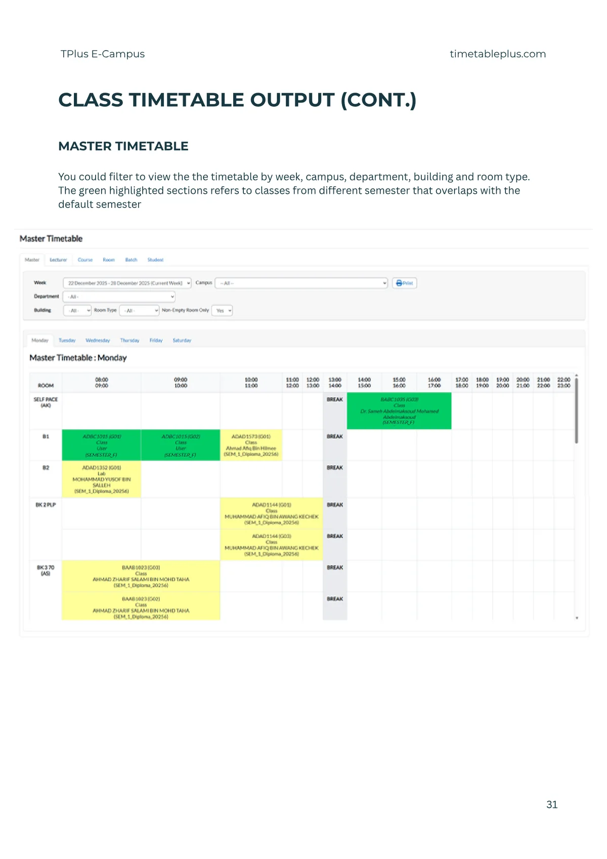 Timetable Plus E-Campus Main Features, page 31: Class timetable output