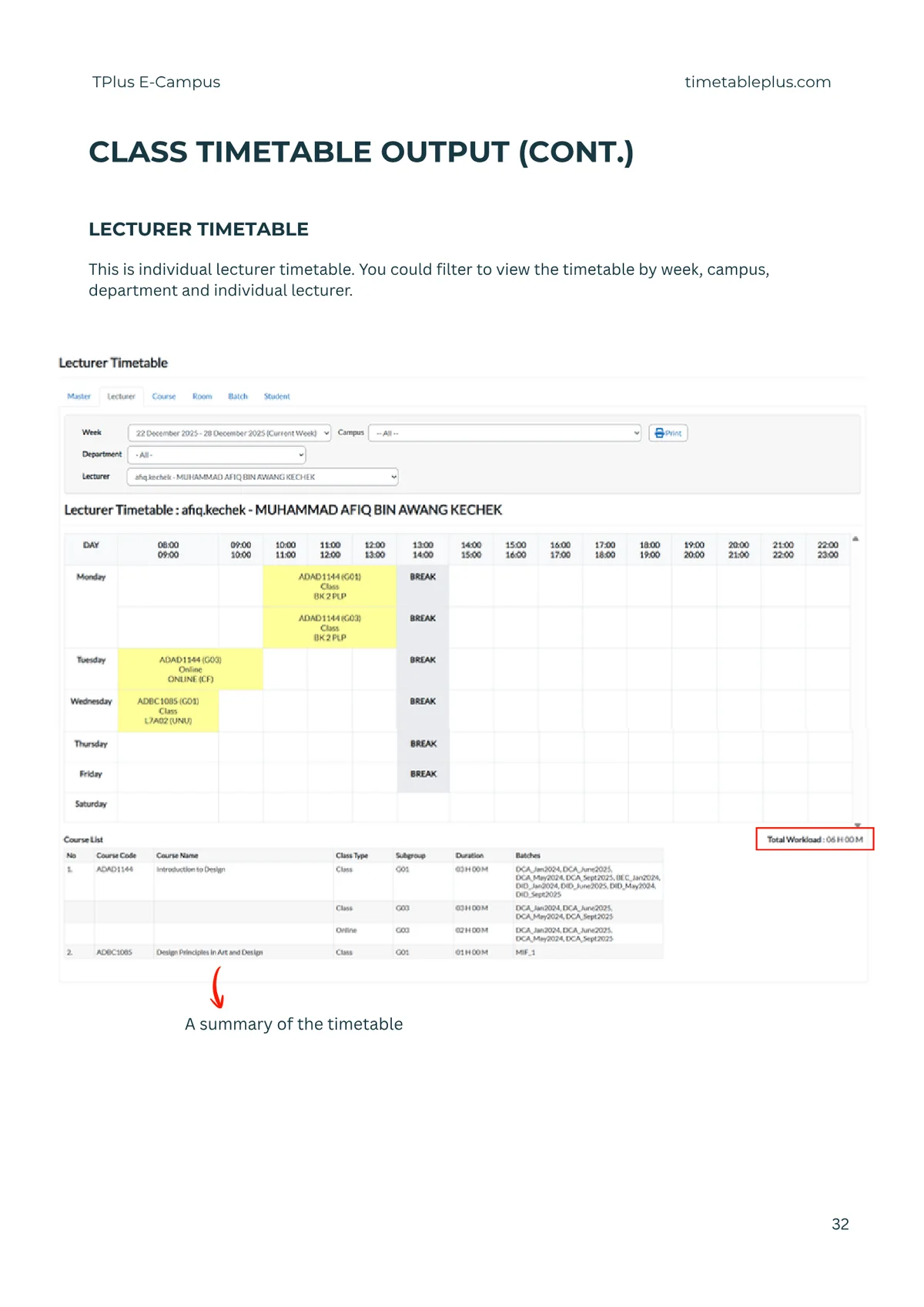 Timetable Plus E-Campus Main Features, page 32: Class timetable output