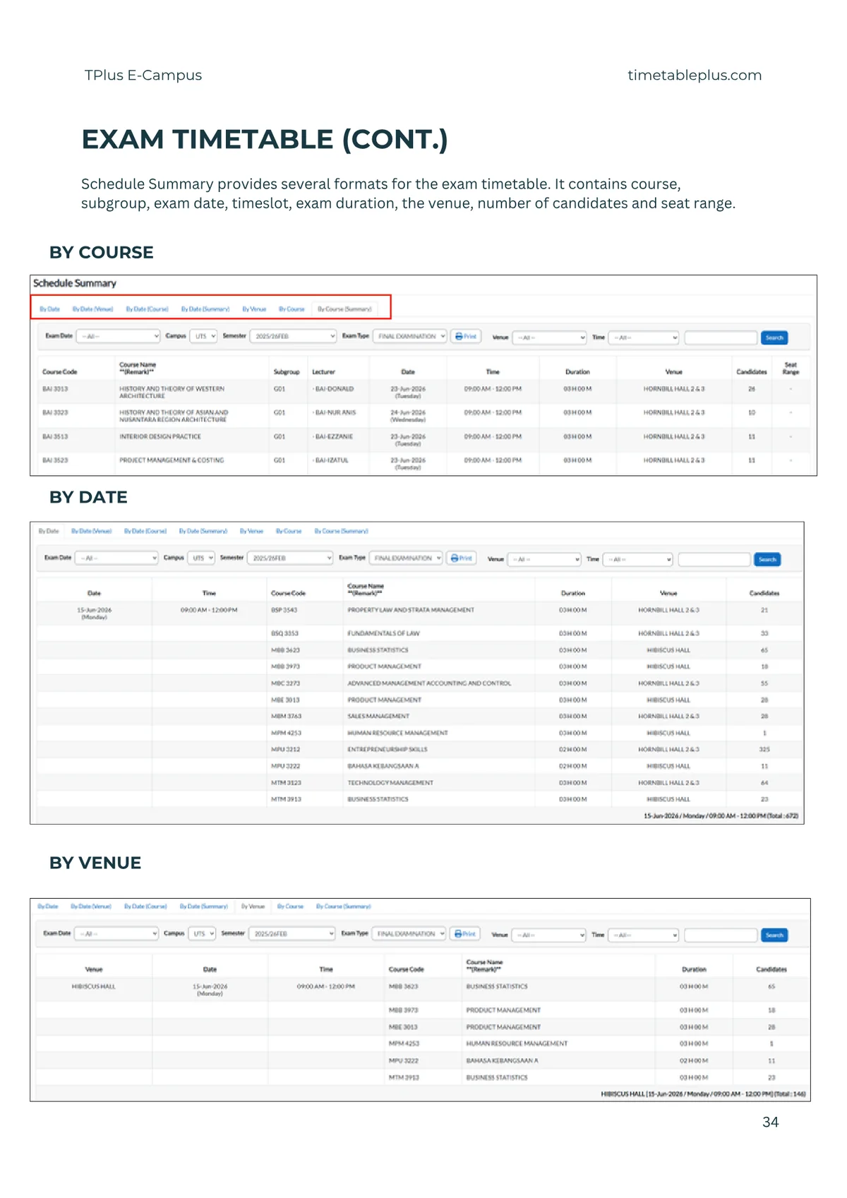 Timetable Plus E-Campus Main Features, page 34: Exam timetable