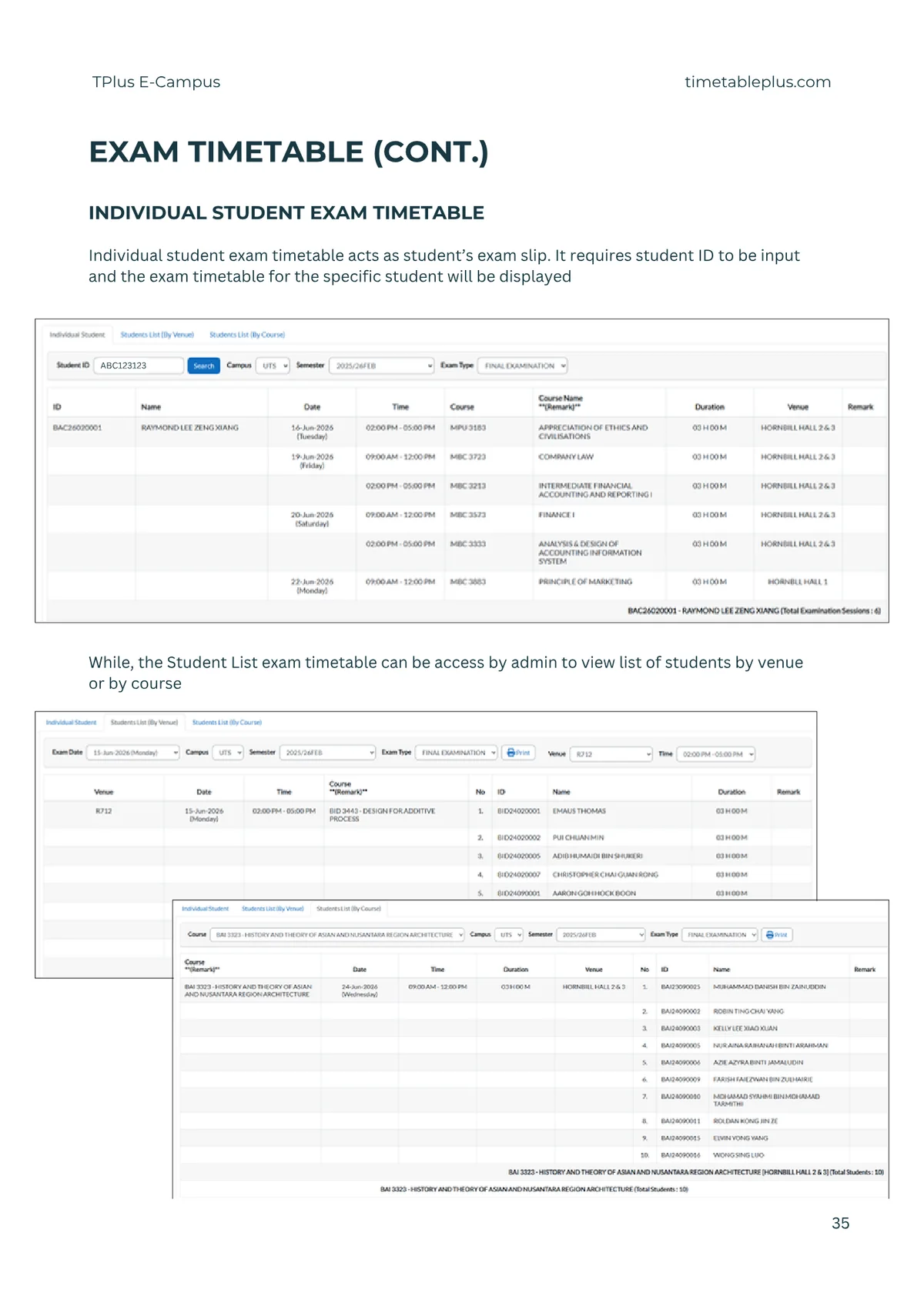 Timetable Plus E-Campus Main Features, page 35: Exam timetable