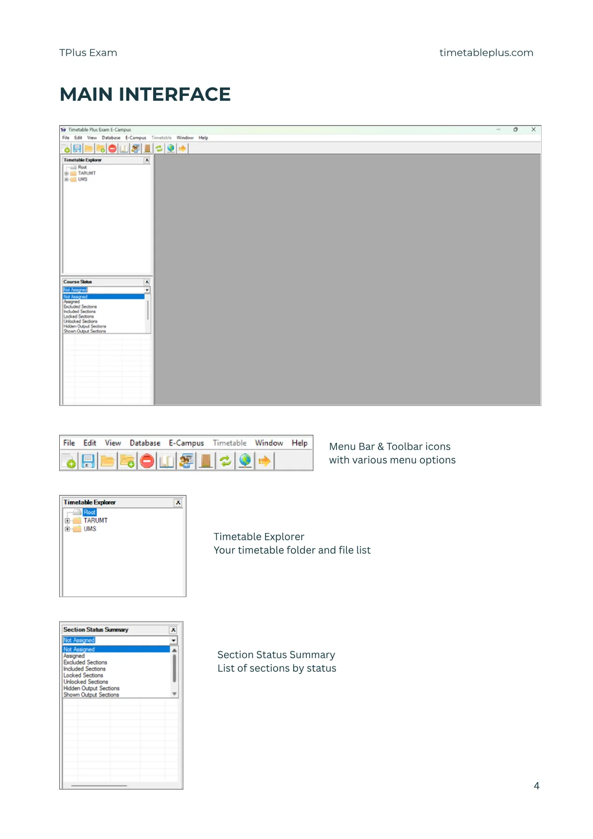 Timetable Plus Exam Main Features, page 4: Main interface