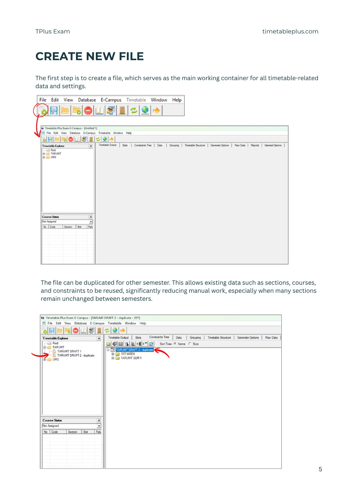 Timetable Plus Exam Main Features, page 5: Create a new file