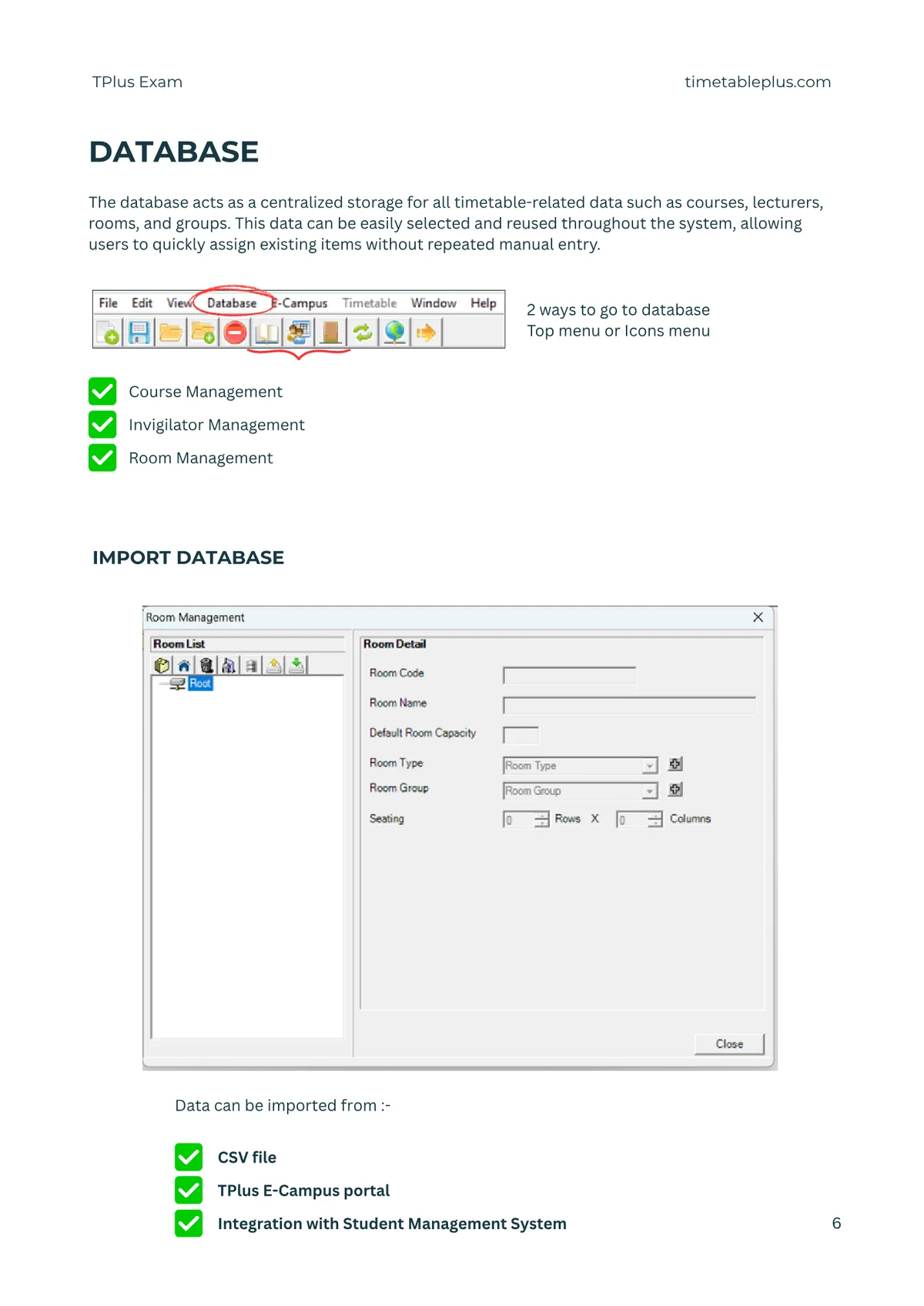 Timetable Plus Exam Main Features, page 6: Database