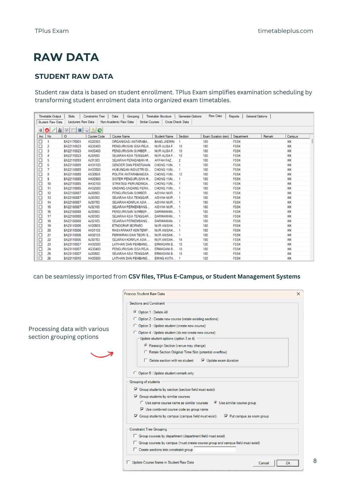 Timetable Plus Exam Main Features, page 8: Raw data