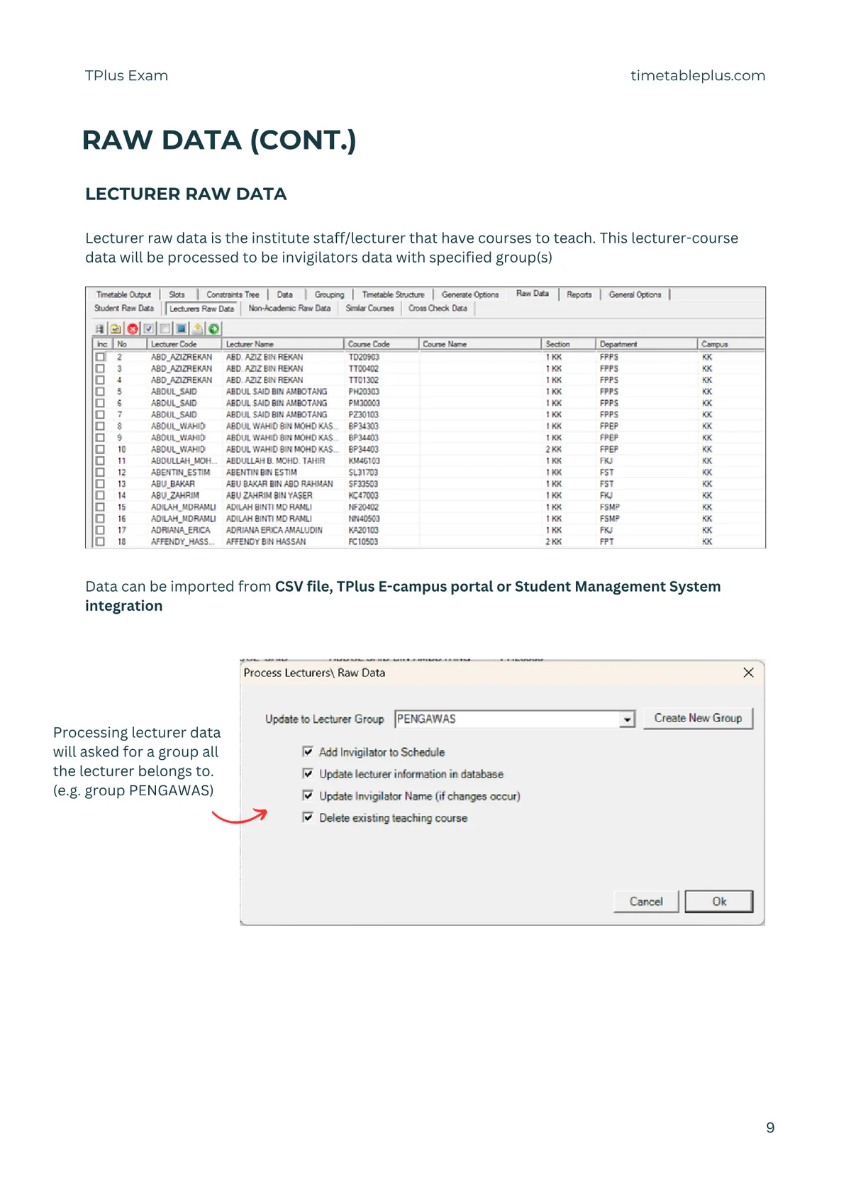 Timetable Plus Exam Main Features, page 9: Raw data