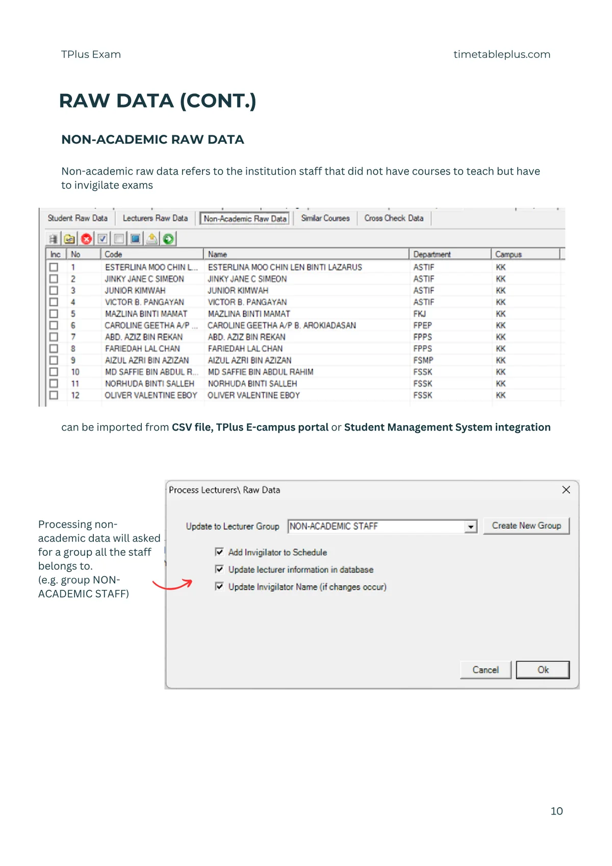 Timetable Plus Exam Main Features, page 10: Raw data