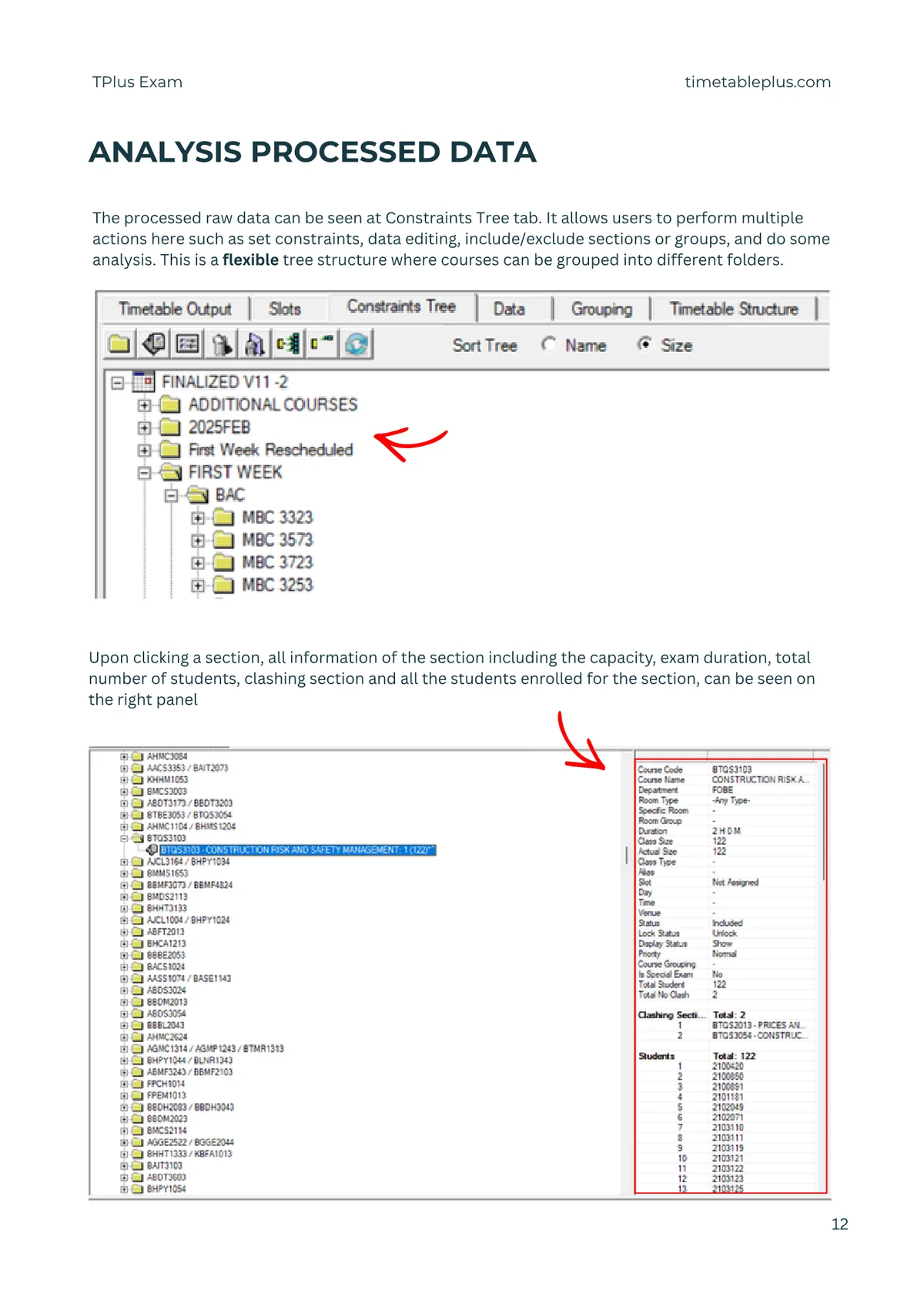 Timetable Plus Exam Main Features, page 12: Analysis of processed data