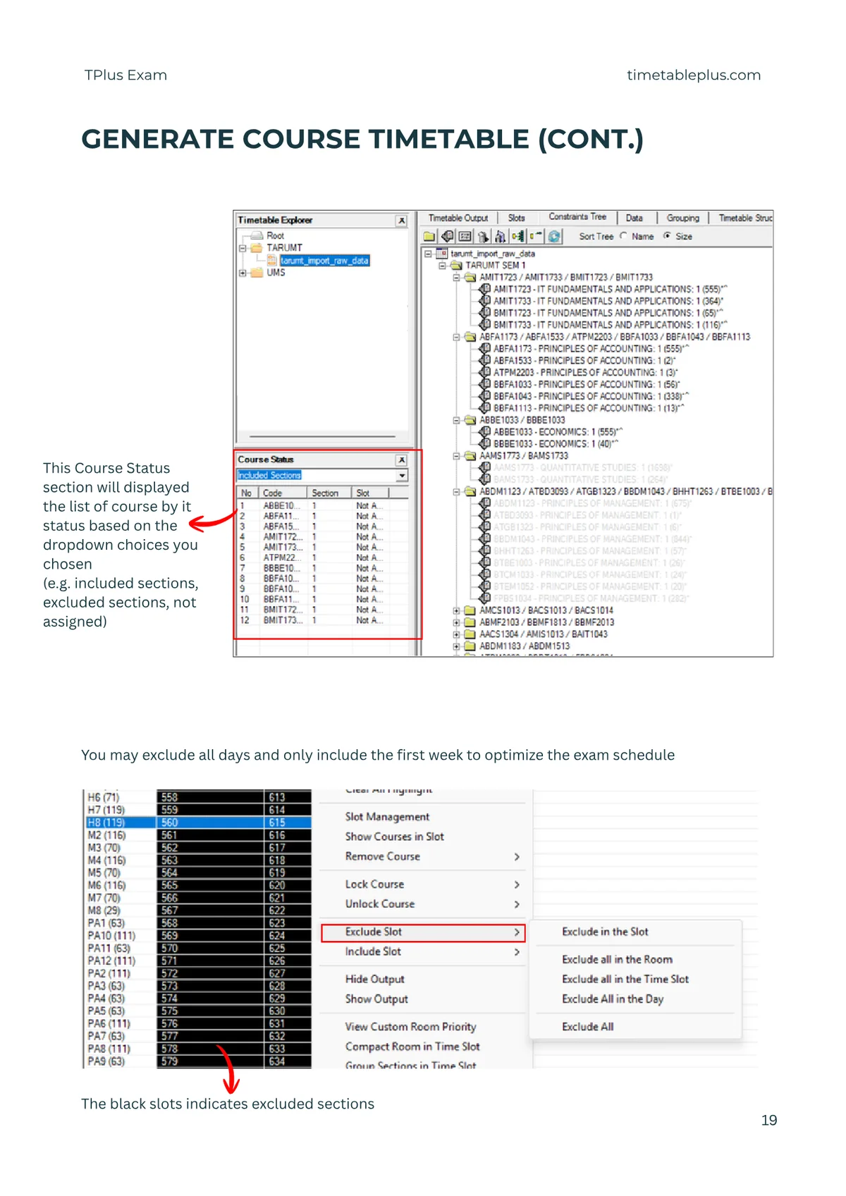 Timetable Plus Exam Main Features, page 19: Generate course timetable