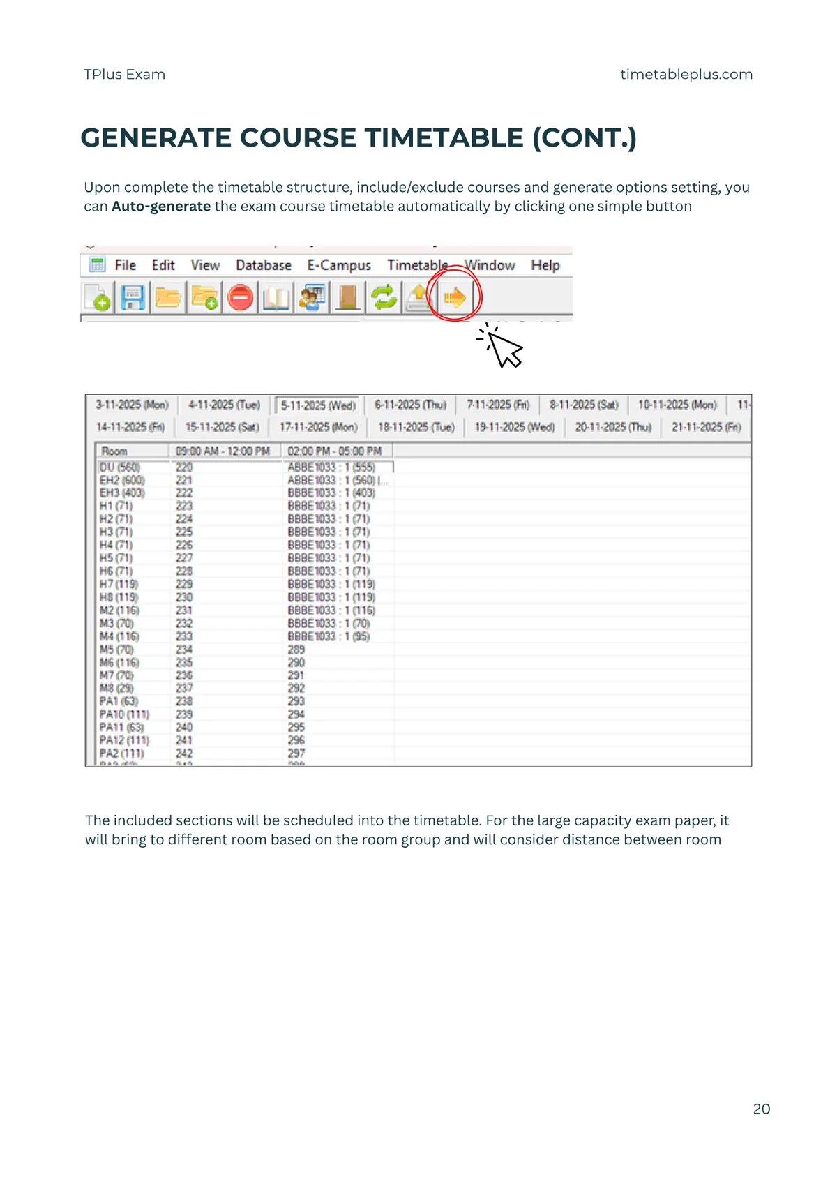 Timetable Plus Exam Main Features, page 20: Generate course timetable