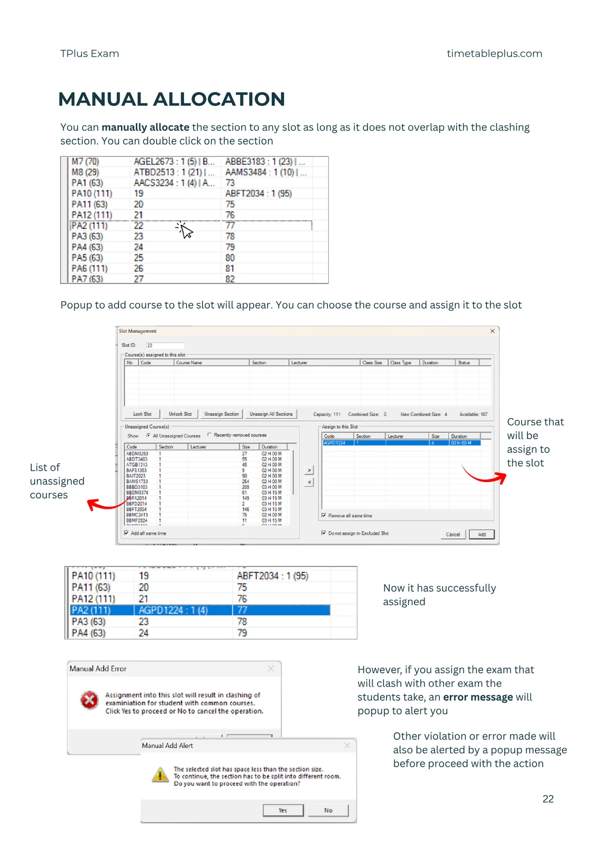 Timetable Plus Exam Main Features, page 22: Manual allocation