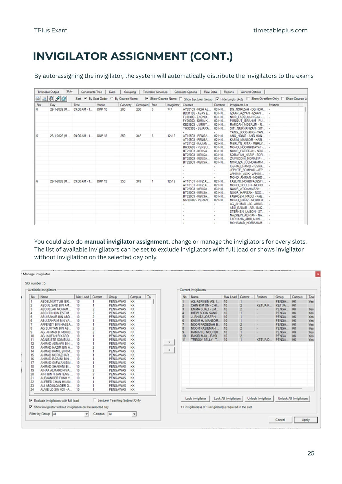 Timetable Plus Exam Main Features, page 25: Invigilator assignment
