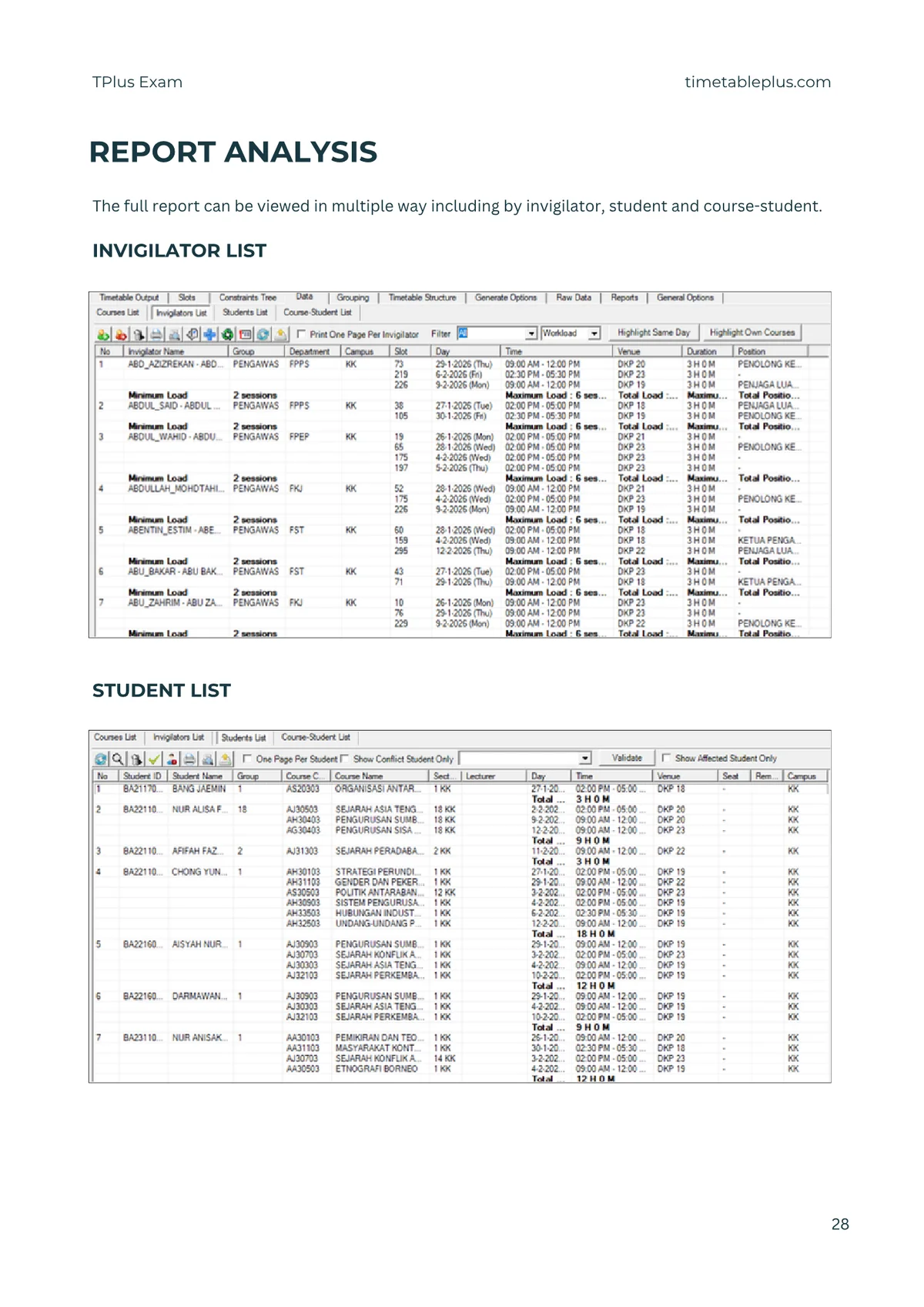 Timetable Plus Exam Main Features, page 28: Report analysis