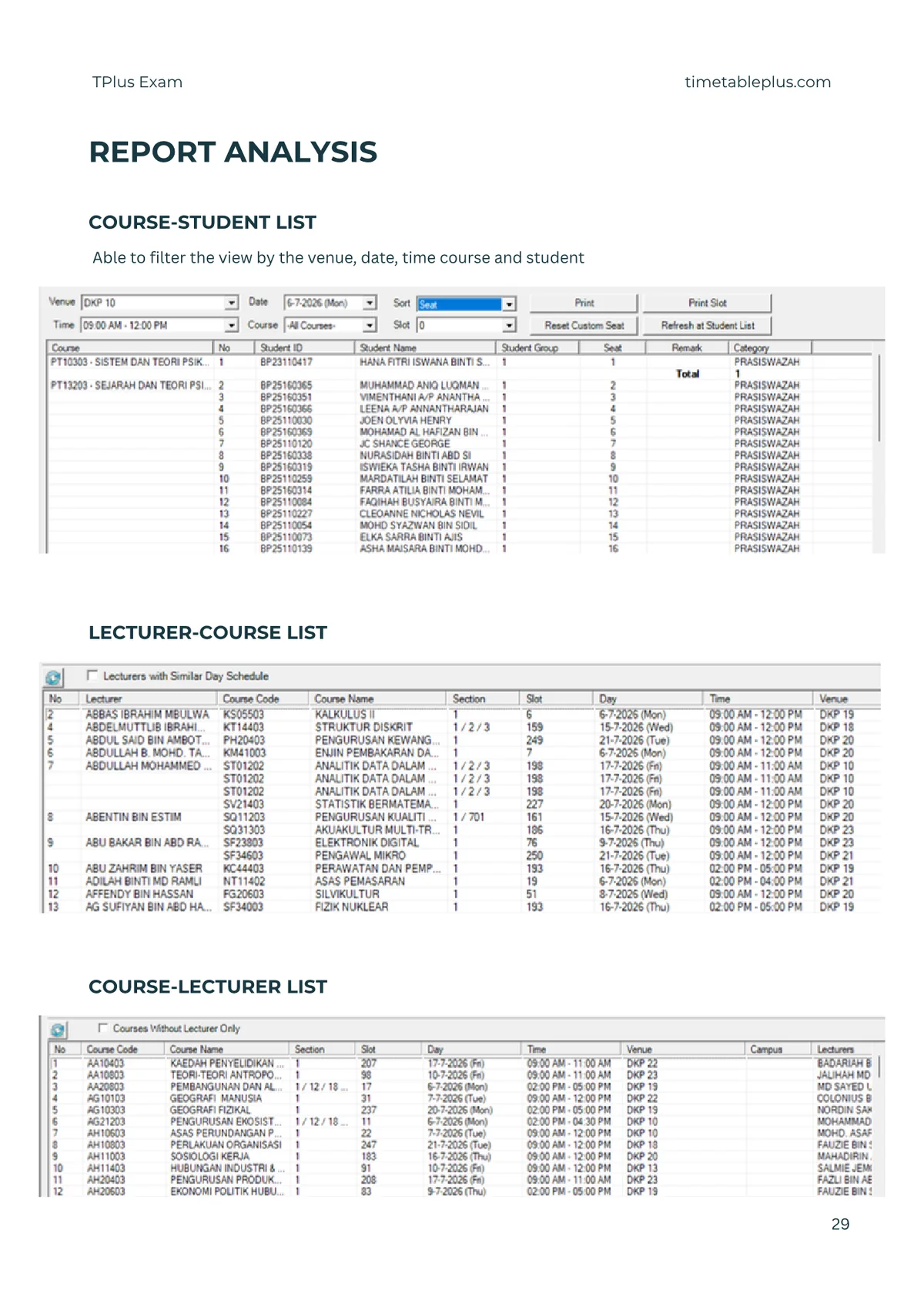 Timetable Plus Exam Main Features, page 29: Report analysis