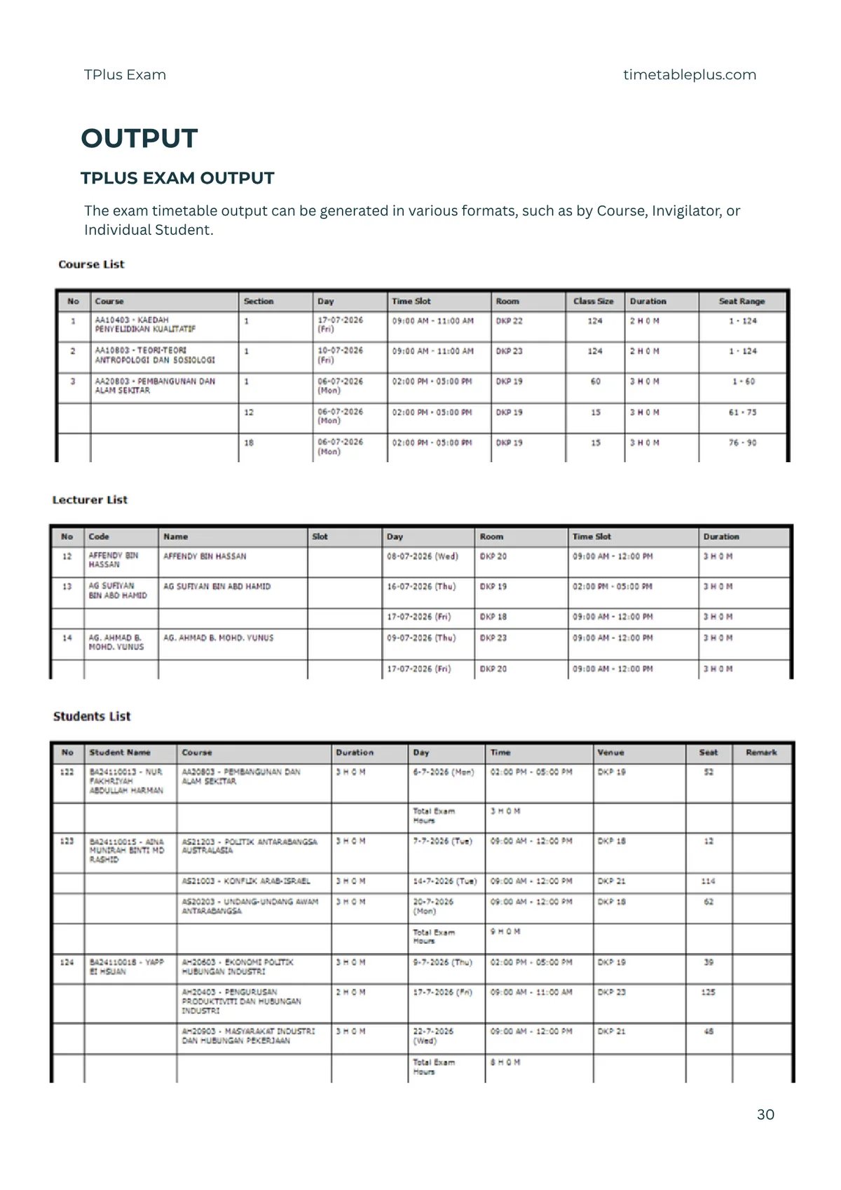 Timetable Plus Exam Main Features, page 30: Output