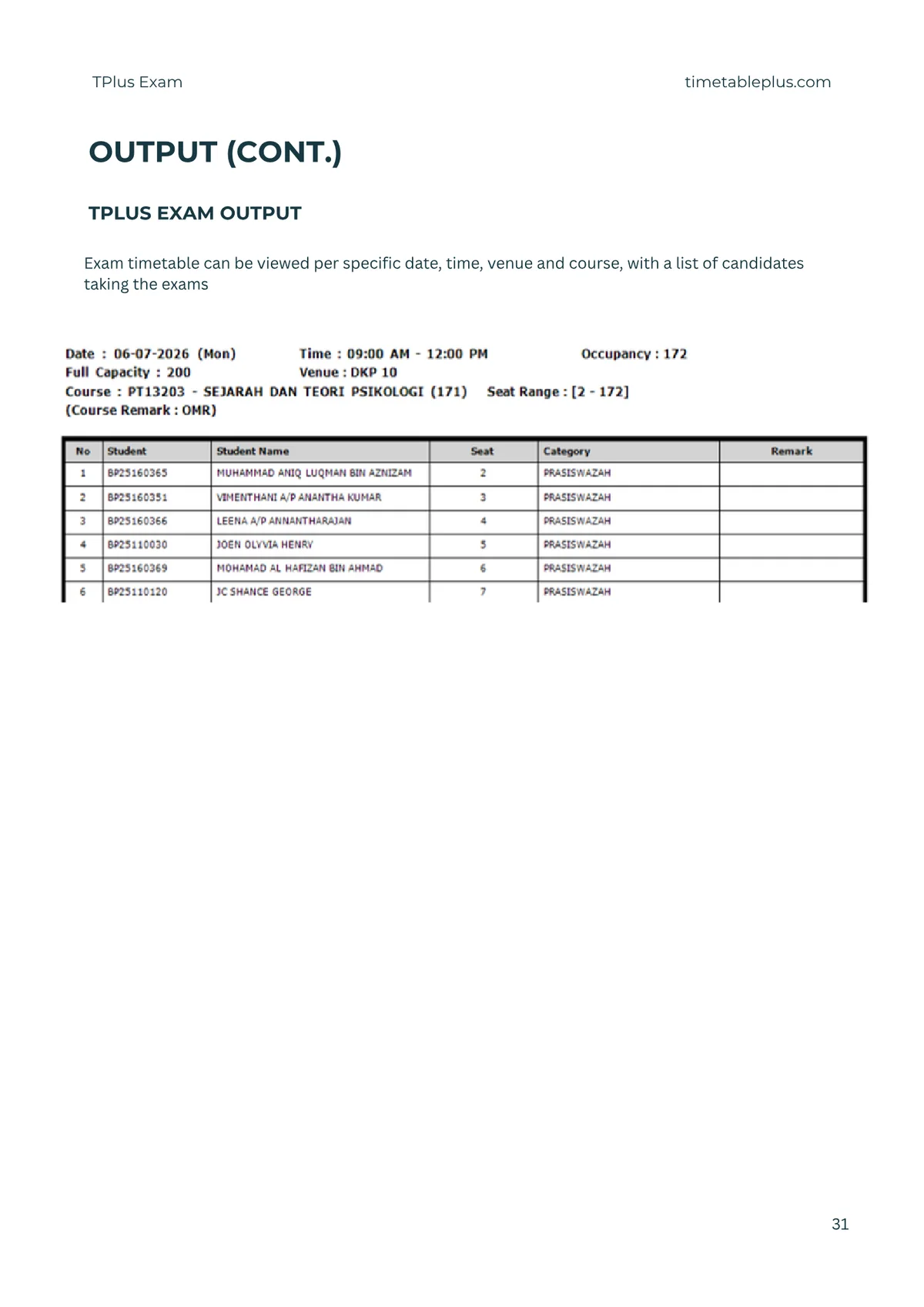 Timetable Plus Exam Main Features, page 31: Output