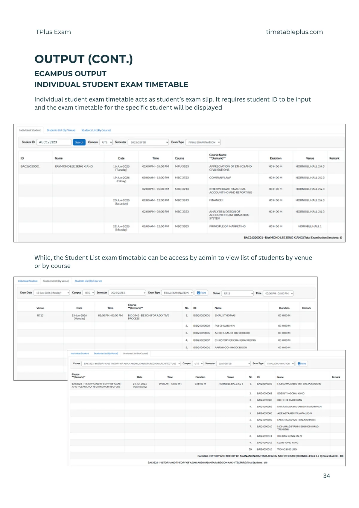 Timetable Plus Exam Main Features, page 34: Output
